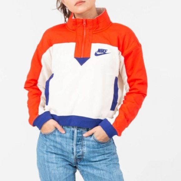 Nike Tops - NIKE | retro cropped Polar Fleece Half Zip Sweatshirt blue cream orange- small